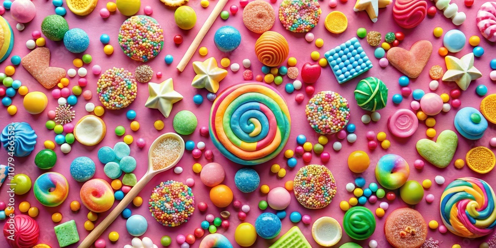 Fototapeta premium Colorful Candy Sweets Flat Lay Composition with Rainbow Lollipop, Pink Background, Sweet Treat , Candy, Sweets