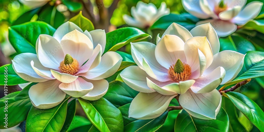 Close-up of Magnolia Flowers with Green Leaves, Spring Bloom, Floral Beauty ,Magnolia, Flowers Close-up of Magnolia Flowers with Green Leaves, Spring Bloom, Floral Beauty ,Magnolia, Flowers