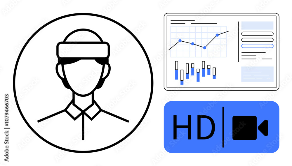 Person using virtual reality headset, analyzing business data chart on screen, HD video call icon. Ideal for remote work, VR applications, data analysis, video conferencing, tech presentations Person using virtual reality headset, analyzing business data chart on screen, HD video call icon. Ideal for remote work, VR applications, data analysis, video conferencing, tech presentations