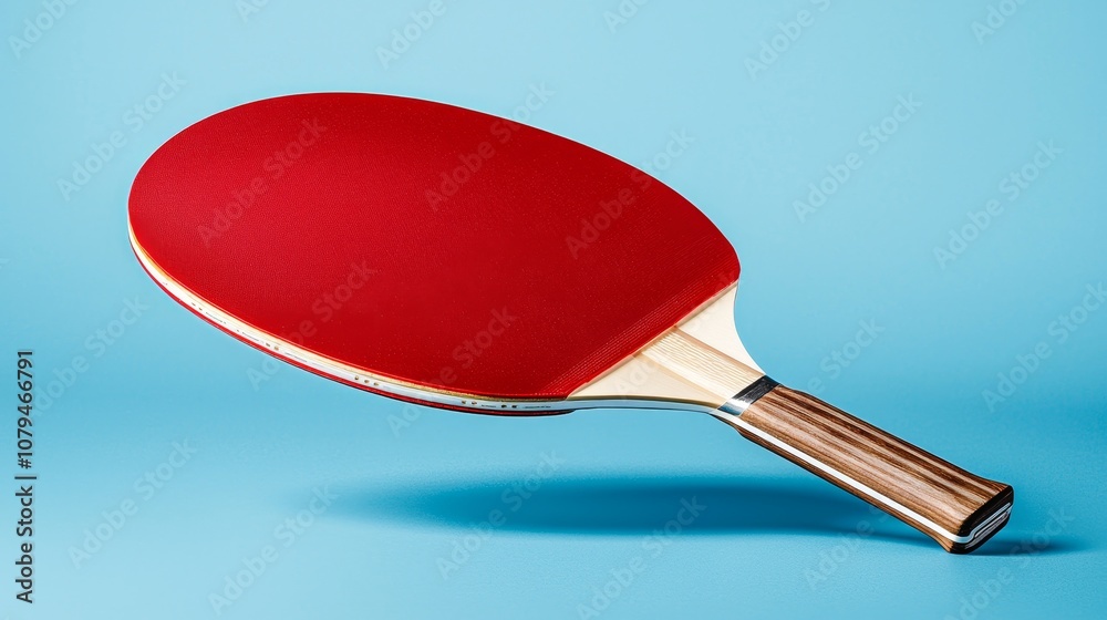 Isolated table tennis paddle, red and white color contrast, blue background, clean composition