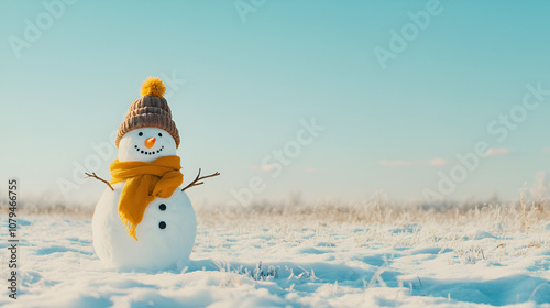 Funny snowman in stylish brown hat and yellow scalf on snowy field. Blue sky on background photo