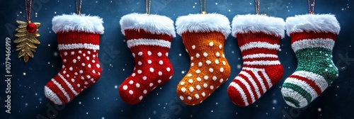 Three colorful Christmas stockings hang on a line with gentle snowflakes falling, creating a festive winter scene.