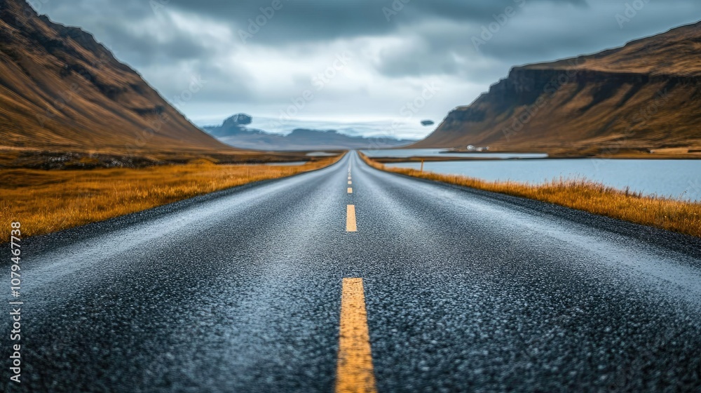 Fototapeta premium A long, straight road through a dramatic mountain landscape with a lake on either side and a cloudy sky above.