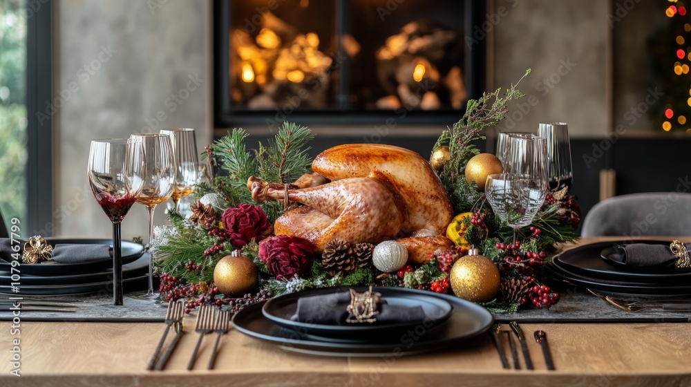 Fototapeta premium Festive Holiday Table Setting, a beautifully arranged table adorned with colorful decorations, featuring a large roasted turkey in the center, perfect for seasonal celebrations