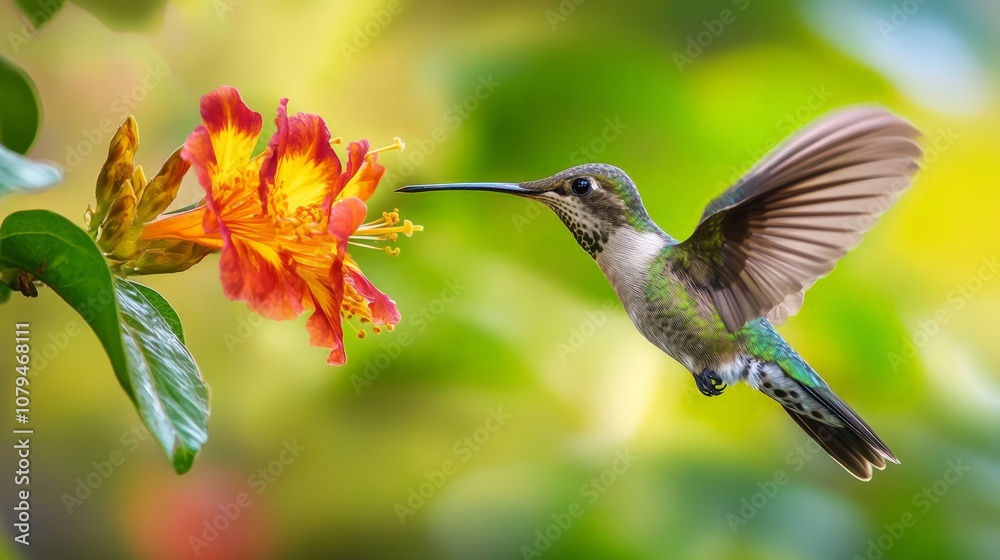 Hummingbird in Flight by Vibrant Bloom, a dynamic scene showcasing a hummingbird delicately suspended near a colorful flower, wings fluttering in vivid hues Hummingbird in Flight by Vibrant Bloom, a dynamic scene showcasing a hummingbird delicately suspended near a colorful flower, wings fluttering in vivid hues