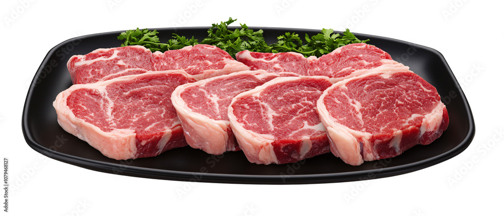 Fototapeta premium Raw Beef Steaks on Black Plate Ready for Grilling
