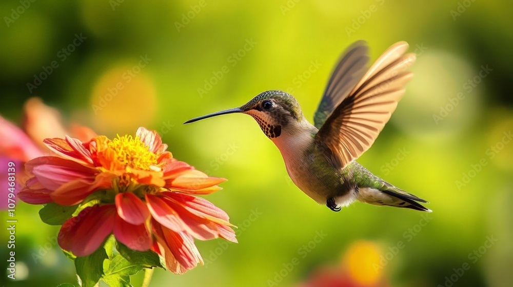 Fototapeta premium Vibrant Hummingbird in Flight, a colorful hummingbird hovers gracefully near a radiant flower, showcasing its dazzling feathers and dynamic wing movement in a lush setting