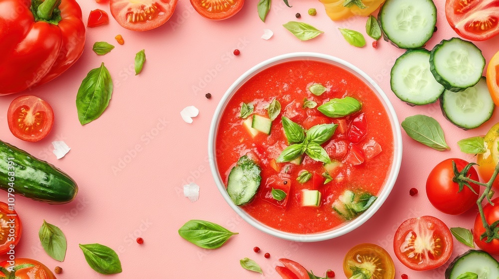 A fresh bowl of gazpacho garnished with basil and cucumber, surrounded by tomatoes, cucumbers, and herbs, celebrating National Gazpacho Day. A fresh bowl of gazpacho garnished with basil and cucumber, surrounded by tomatoes, cucumbers, and herbs, celebrating National Gazpacho Day.