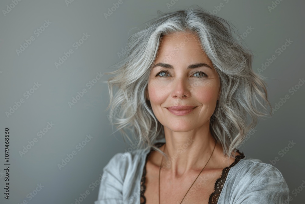 Beautiful senior woman with gray short wavy hairstyle smiling closeup portrait skincare beauty dental Beautiful senior woman with gray short wavy hairstyle smiling closeup portrait skincare beauty dental