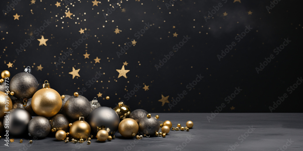 Fototapeta premium Weihnachten Hintergrund. Weihnachtskugeln und dunkler schöner Hintergrund mit Glitzer und platz für Text 