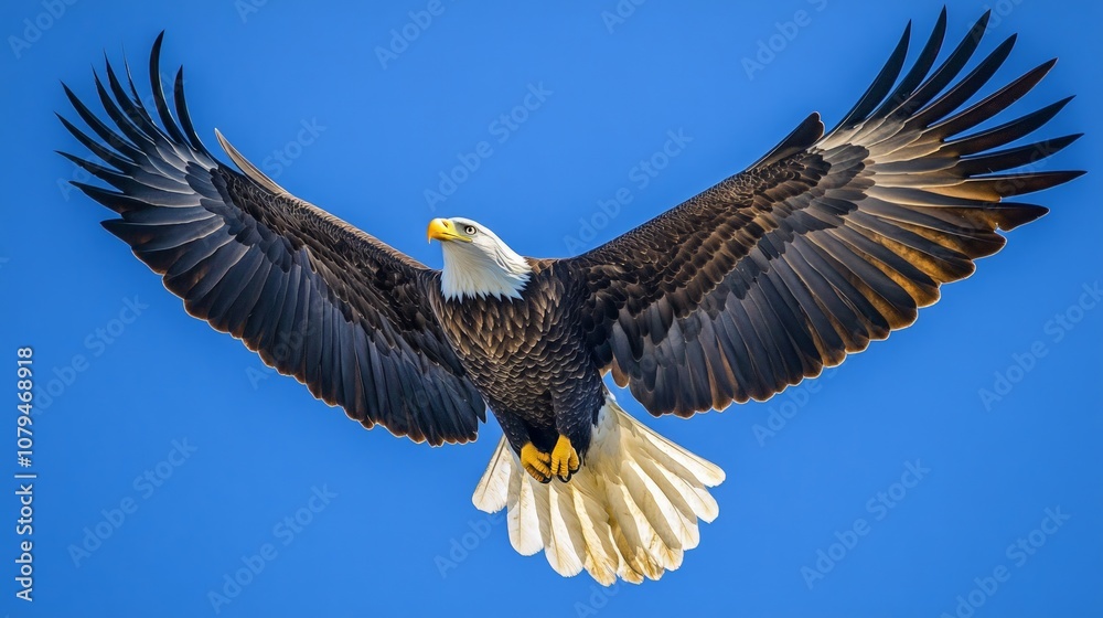 Fototapeta premium Majestic Bald Eagle in Flight, a stunning depiction of a bald eagle soaring gracefully against a bright blue sky, showcasing the strength and elegance of this iconic bird.