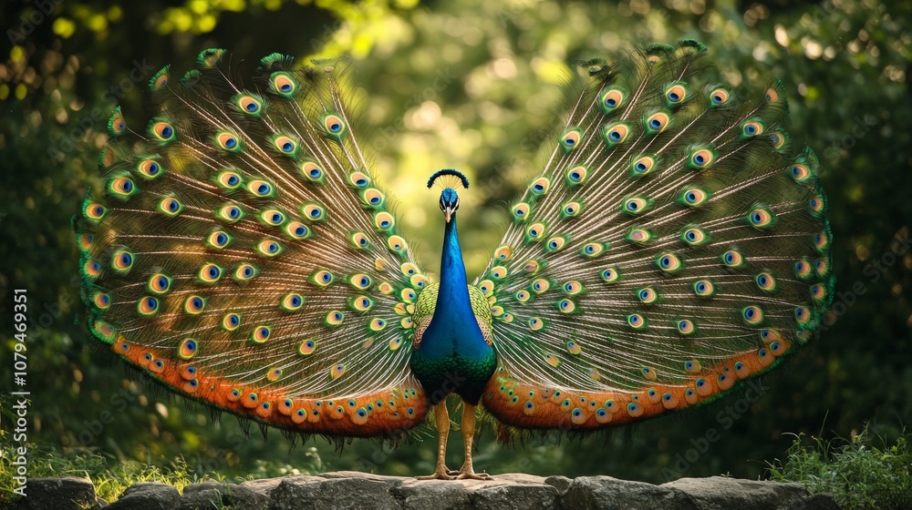Obraz premium Majestic peacock in full display, vibrant tail feathers fanned out, glistening under bright sunlight, showcasing nature's beauty and elegance in a serene environment