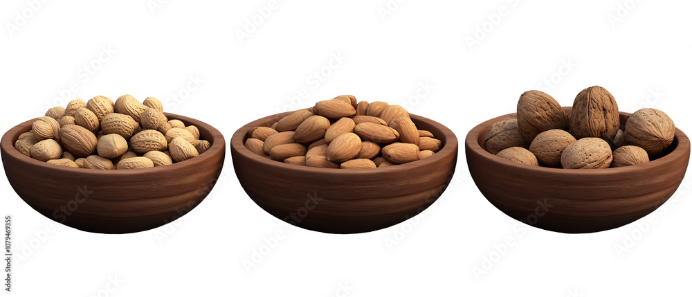 Three Bowls of Nuts Almonds, Peanuts, and Walnuts Three Bowls of Nuts Almonds, Peanuts, and Walnuts