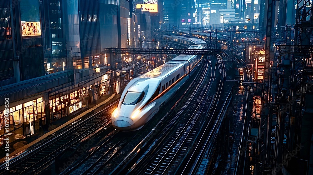 A high-speed modern train passes through the evening city A high-speed modern train passes through the evening city