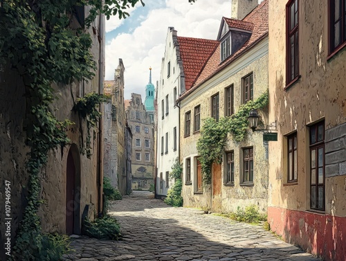 Cityscape of the old town of Riga, Latvia. Digital painting.