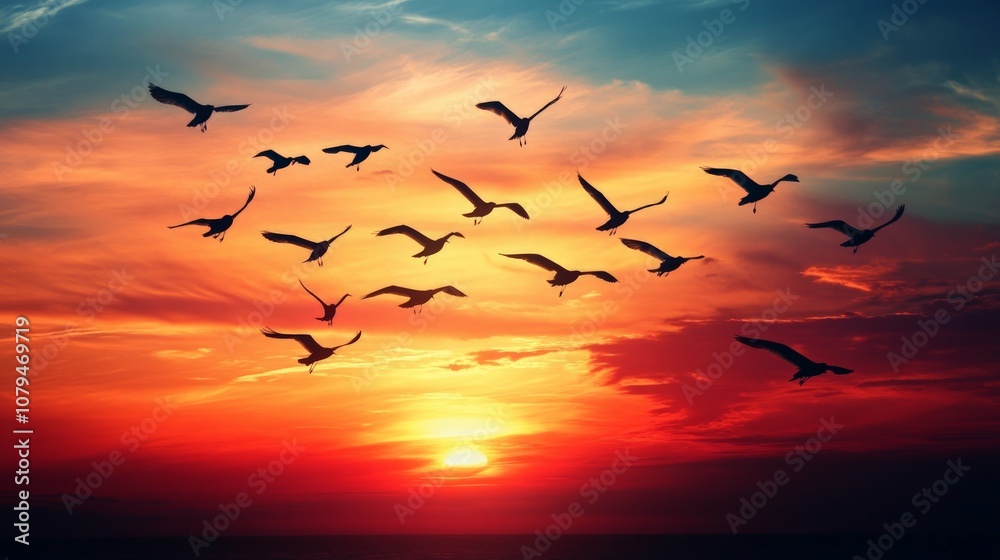 Fototapeta premium Migrating Birds at Sunset, a breathtaking display of a flock in flight, silhouetted against vibrant hues of a twilight sky, capturing the beauty of nature's transition.