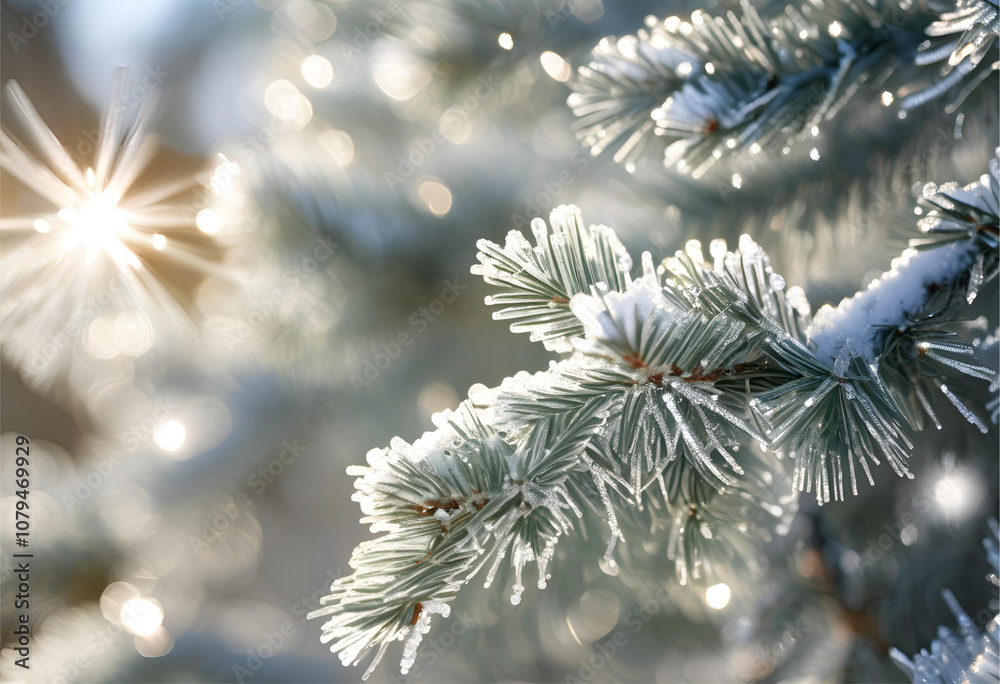 Frosted Pine Needles with Sparkling Snowflakes in Sunlight, 4K Frosted Pine Needles with Sparkling Snowflakes in Sunlight, 4K