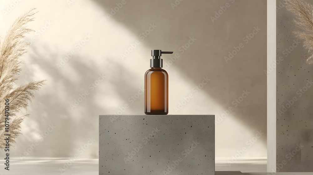 A minimalist amber bottle on a concrete pedestal, showcasing elegance and simplicity. A minimalist amber bottle on a concrete pedestal, showcasing elegance and simplicity.