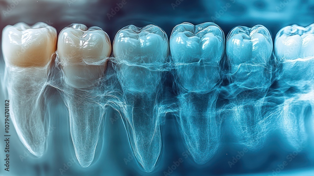 X-ray image of human teeth showcasing dental structure and roots. X-ray image of human teeth showcasing dental structure and roots.