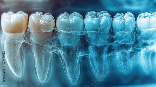 X-ray image of human teeth showcasing dental structure and roots.