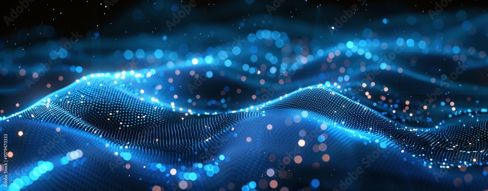 Abstract Digital Blue Wave of Particles with Glow Dots and Lines on Dark Background for Big Data and Technology Concept Abstract Digital Blue Wave of Particles with Glow Dots and Lines on Dark Background for Big Data and Technology Concept