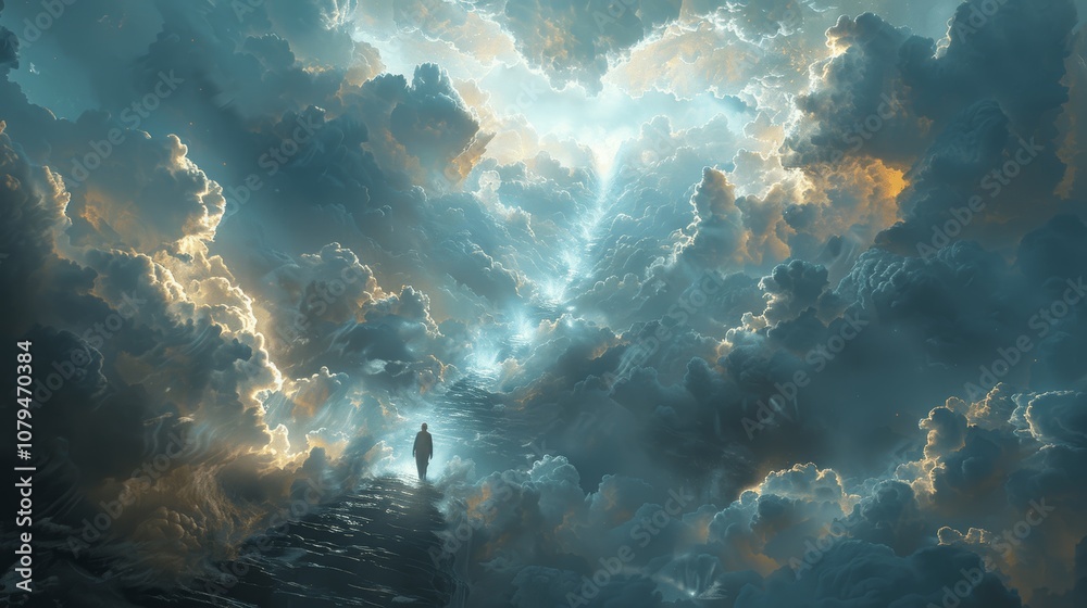 Obraz premium Man Climbing Heavenly Stairway Above Clouds to Divine Open Door
