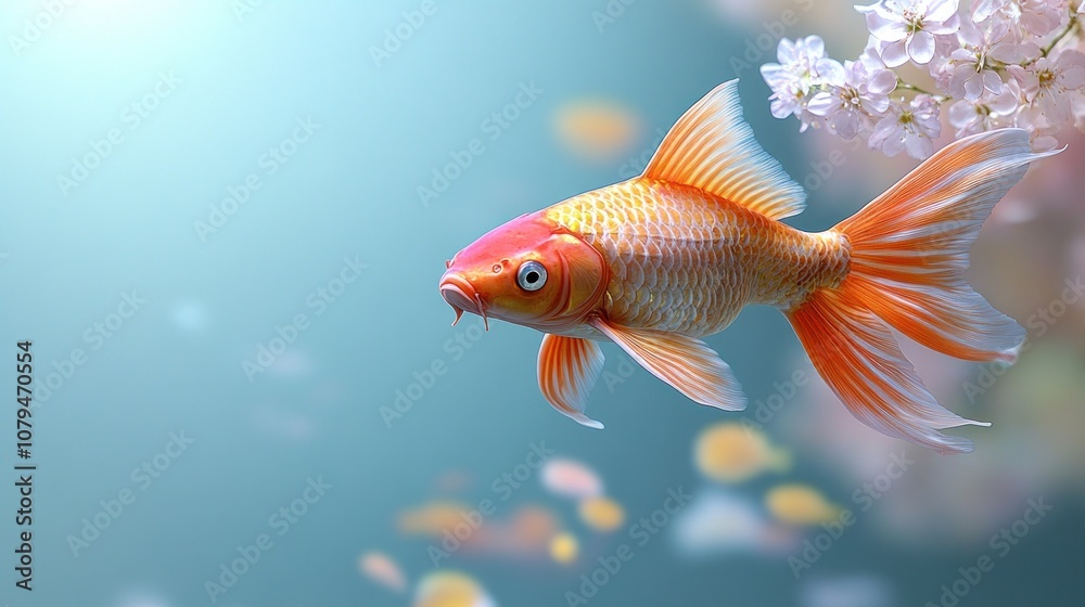 A vibrant goldfish swimming amidst soft floral elements. A vibrant goldfish swimming amidst soft floral elements.