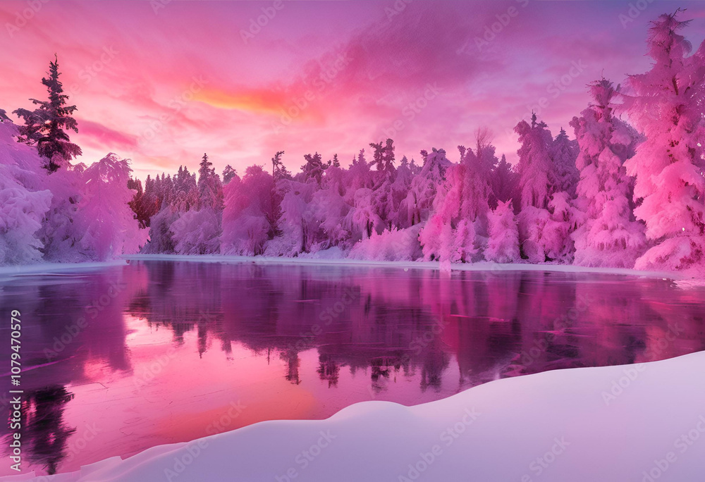 Fototapeta premium Winter Sunset Over Frozen Lake with Snowy Trees, 4K