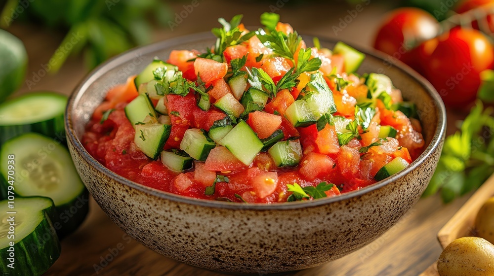 A bowl of fresh gazpacho topped with diced cucumber, tomato, and mint, highlighting vibrant colors and fresh ingredients. A bowl of fresh gazpacho topped with diced cucumber, tomato, and mint, highlighting vibrant colors and fresh ingredients.