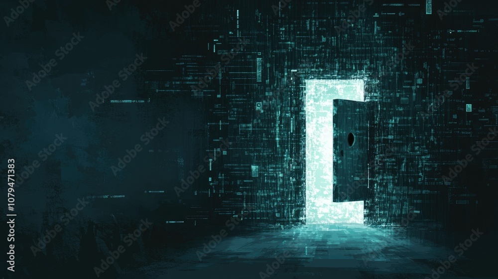 A glowing doorway in a digital wall, suggesting a portal to another world. A glowing doorway in a digital wall, suggesting a portal to another world.