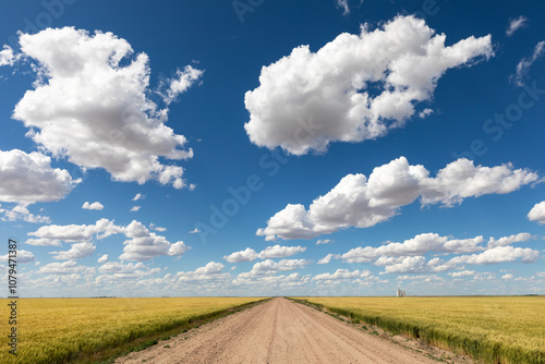 Fototapeta Naklejka Na Ścianę i Meble -  Blue sky and cumulus clouds over a dirt road and farm field in Kansas