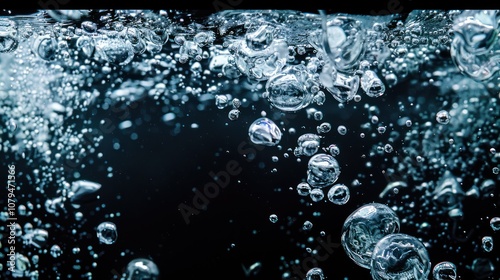 Soda water bubbles splashing underwater against black background