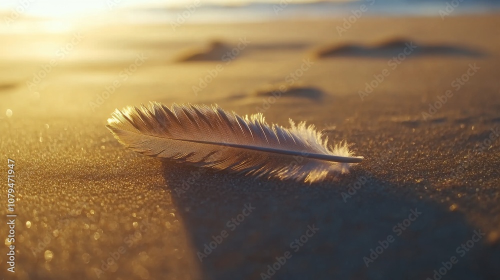 Delicate feather resting on soft golden sand at sunset Delicate feather resting on soft golden sand at sunset