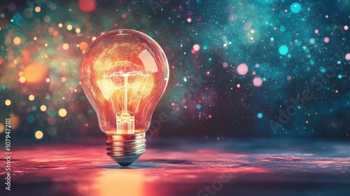 A glowing light bulb with a fiery explosion inside against a dark background with bokeh lights.