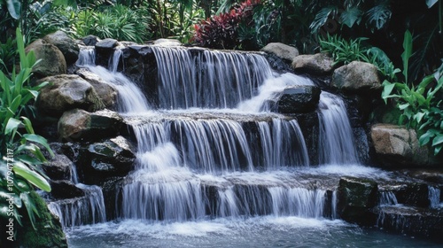 Rainforest Serenity, a breathtaking waterfall tumbles over ancient rocks, enveloped by thriving foliage, showcasing the beauty and diversity of lush ecosystems.