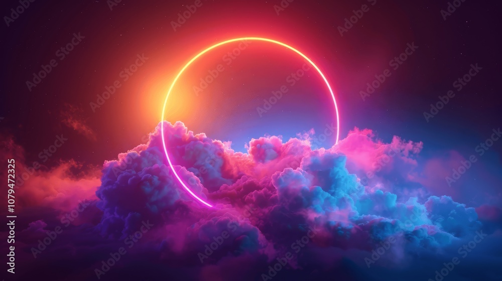 Neon Light Ring on Dark Night Sky with Fog and Clouds Neon Light Ring on Dark Night Sky with Fog and Clouds