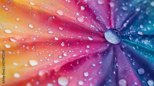 Vibrant Umbrella on Rainy Day, a colorful umbrella surrounded by glistening water droplets, capturing the playful essence of a rainy atmosphere with lively hues photo