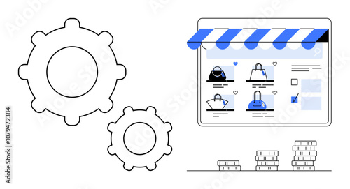 Shopping website with blue awning, handbags, and coins stack visually representing e-commerce. Two black-and-white gears denote system mechanics. Ideal for business, economy, technology, retail