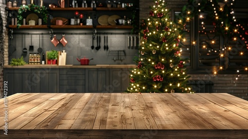 Wooden Tabletop with Blurred Christmas Kitchen Background