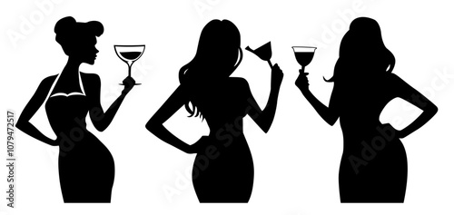 Vector set of silhouette young elegant women dressed in evening dress holding wine glasses with a cocktail in hand. Sexy girl with a glass.