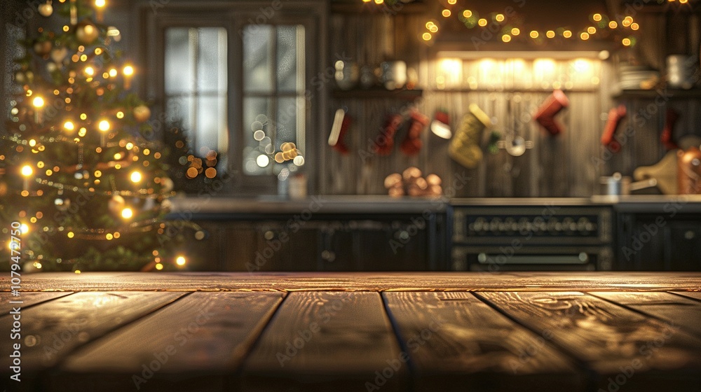 Wooden Tabletop with Blurred Christmas Decor Background Wooden Tabletop with Blurred Christmas Decor Background