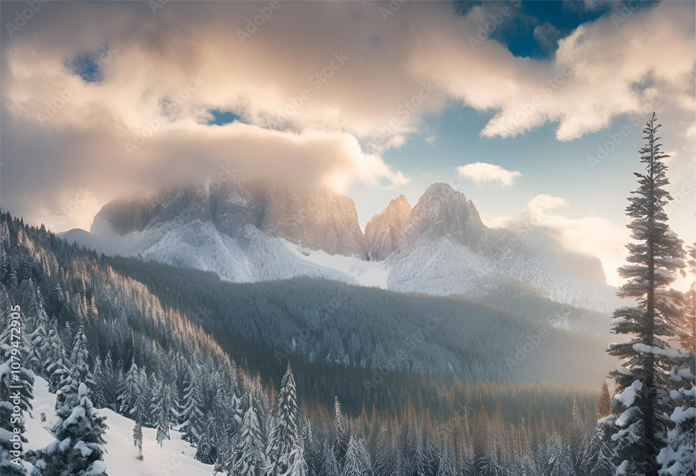 Obraz premium Winter Scene of Valley with Mountains and Snowy Pines, 4K