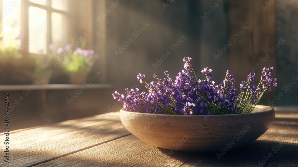 Rustic bowl filled with fresh lavender flowers on a wooden table Rustic bowl filled with fresh lavender flowers on a wooden table