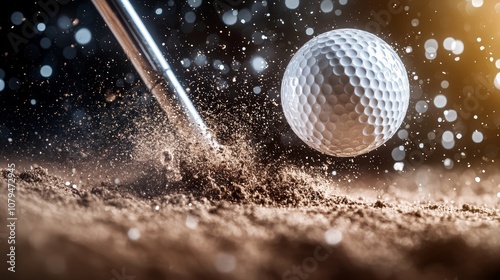 Golf ball on club impact, frozen in time, scattered dirt photo