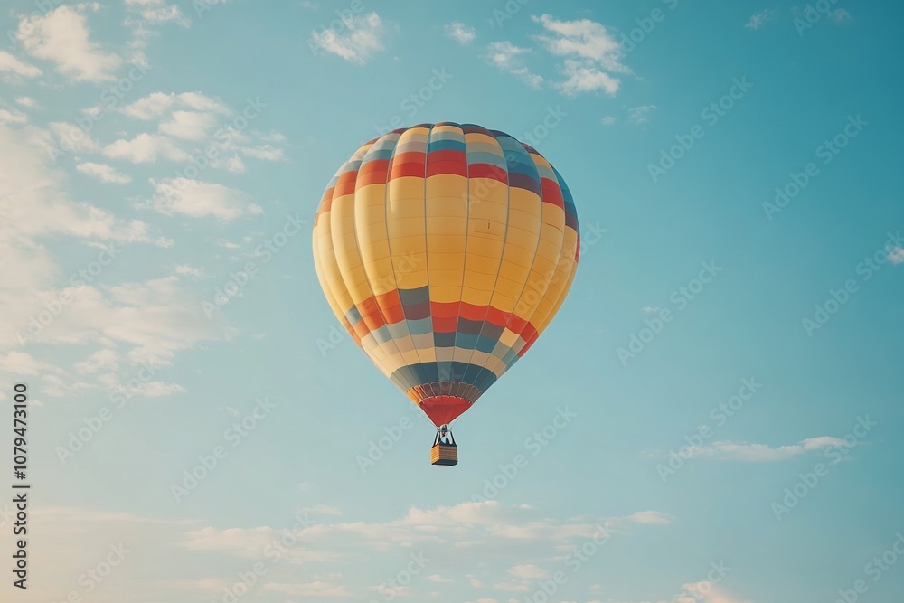 Fototapeta premium A stunning hot-air balloon shines brightly against the early morning sky, creating a captivating and colorful spectacle that embodies adventure and serenity.