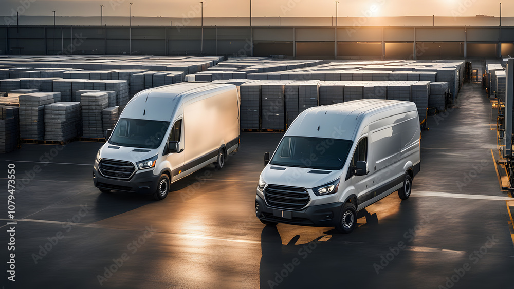 Side view of a commercial van standing in a warehouse. Side view of a commercial van standing in a warehouse.