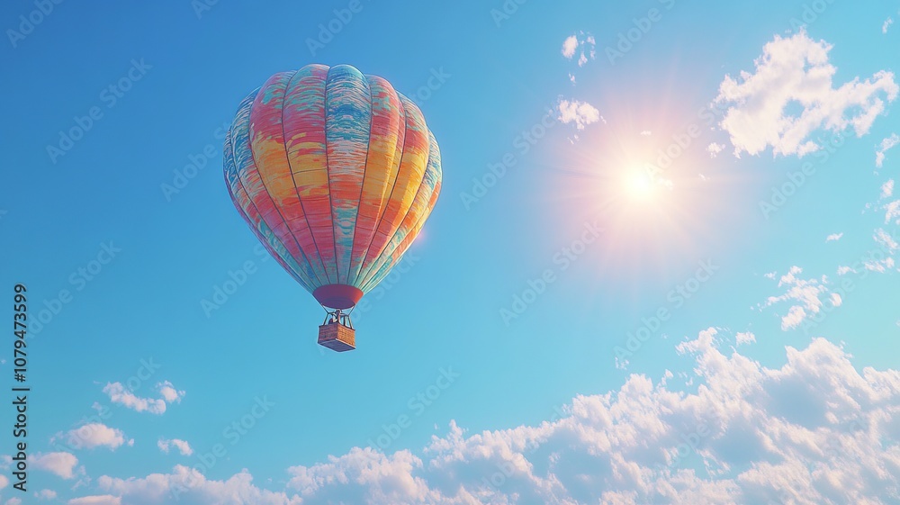 Fototapeta premium A stunning hot-air balloon shines brightly against the early morning sky, creating a captivating and colorful spectacle that embodies adventure and serenity.