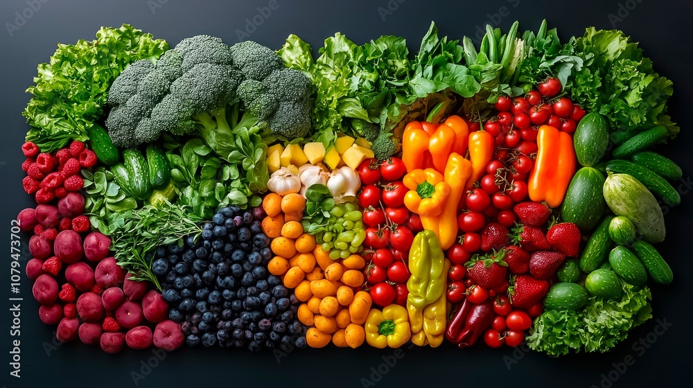 A vibrant assortment of fresh produce organized beautifully on a dark backdrop, showcasing the colors and textures of various fruits and vegetables A vibrant assortment of fresh produce organized beautifully on a dark backdrop, showcasing the colors and textures of various fruits and vegetables