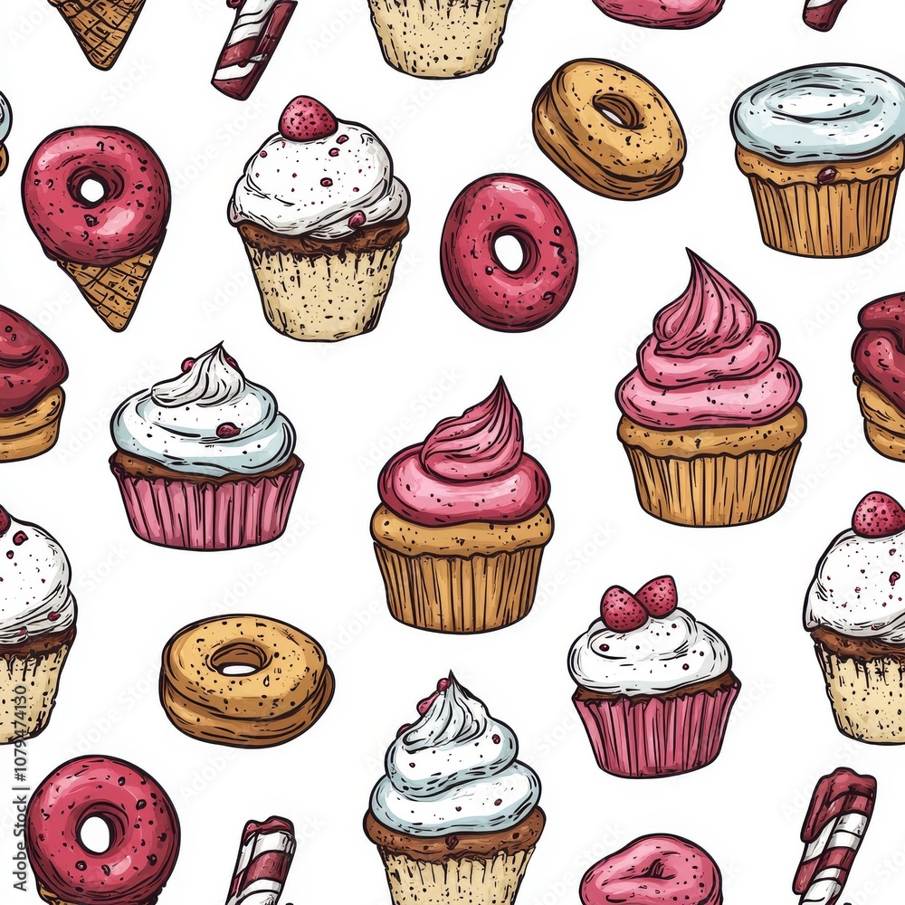 Seamless Pattern of Colorful Cupcakes and Donuts on White Background Seamless Pattern of Colorful Cupcakes and Donuts on White Background