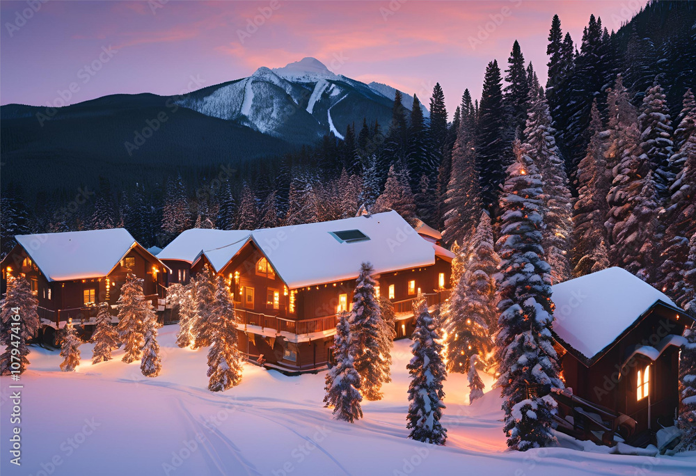 Naklejka premium Warm Lights in Snowy Mountain Village, 4K 